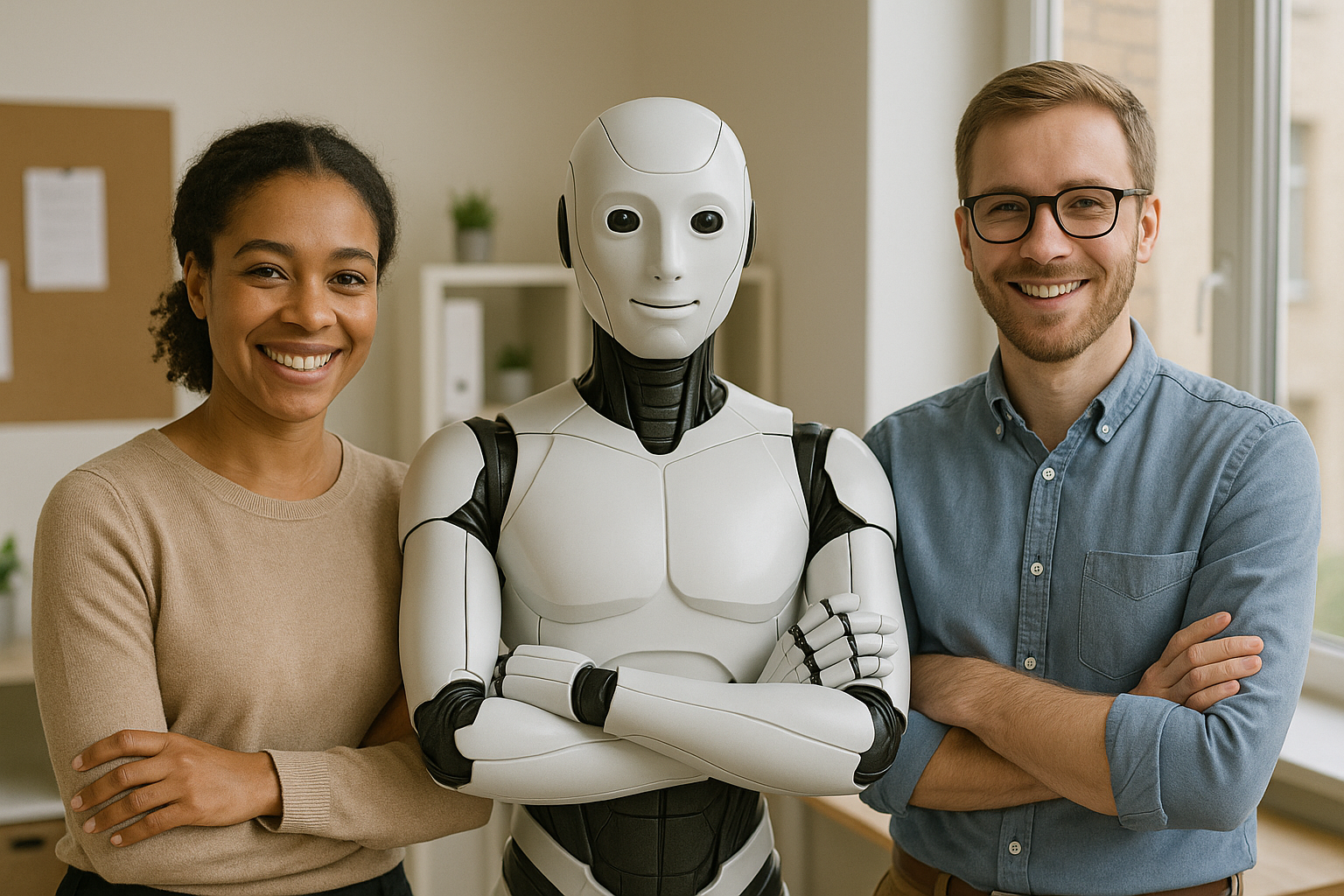 miling professionals with a humanoid robot in a bright office, representing AI and property managers collaborating in multifamily management.